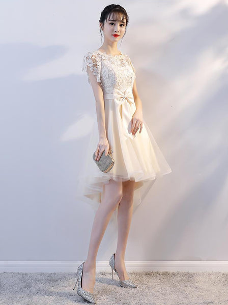 Cozy Evening Women Waist Stitching Mesh Mid Length Irregular Front Bow Tutu Bridesmaid Cocktail Lace Dress