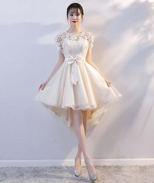 Cozy Evening Women Waist Stitching Mesh Mid Length Irregular Front Bow Tutu Bridesmaid Cocktail Lace Dress