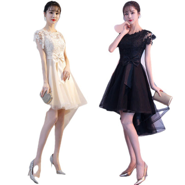 Cozy Evening Women Waist Stitching Mesh Mid Length Irregular Front Bow Tutu Bridesmaid Cocktail Lace Dress