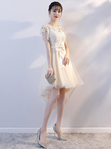 Cozy Evening Women Waist Stitching Mesh Mid Length Irregular Front Bow Tutu Bridesmaid Cocktail Lace Dress