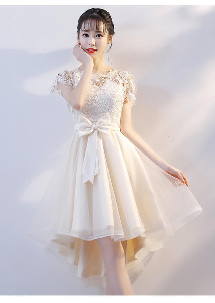 Cozy Evening Women Waist Stitching Mesh Mid Length Irregular Front Bow Tutu Bridesmaid Cocktail Lace Dress