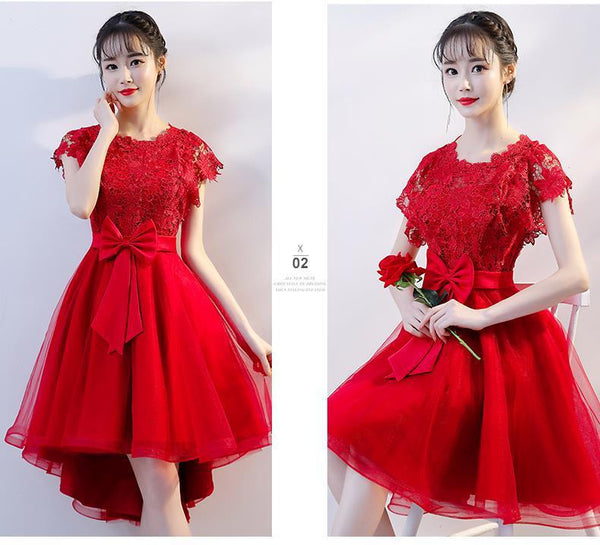 Cozy Evening Women Waist Stitching Mesh Mid Length Irregular Front Bow Tutu Bridesmaid Cocktail Lace Dress