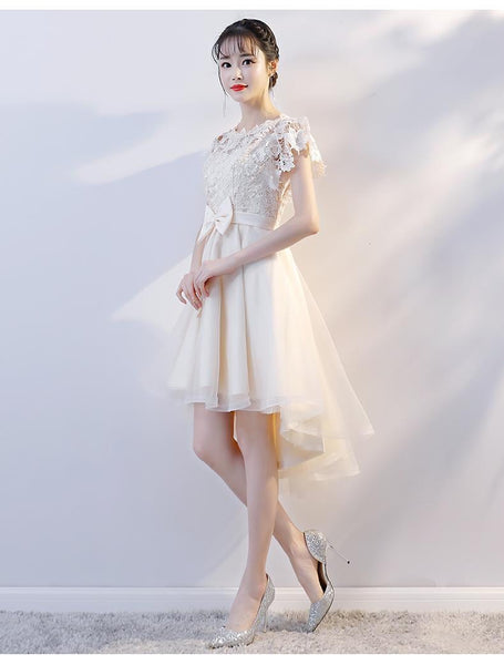 Cozy Evening Women Waist Stitching Mesh Mid Length Irregular Front Bow Tutu Bridesmaid Cocktail Lace Dress