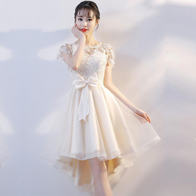 Cozy Evening Women Waist Stitching Mesh Mid Length Irregular Front Bow Tutu Bridesmaid Cocktail Lace Dress