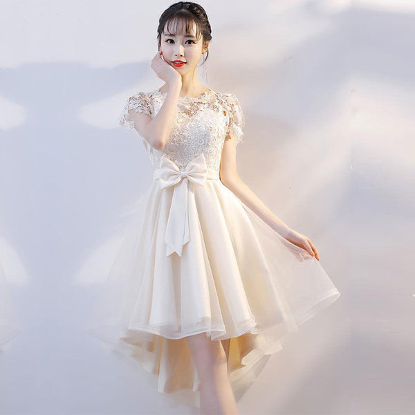 Cozy Evening Women Waist Stitching Mesh Mid Length Irregular Front Bow Tutu Bridesmaid Cocktail Lace Dress