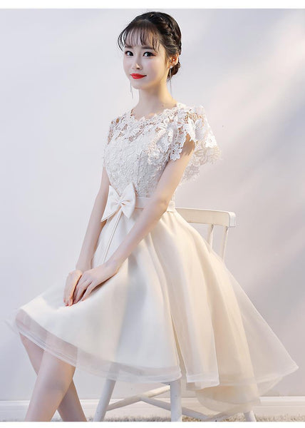 Cozy Evening Women Waist Stitching Mesh Mid Length Irregular Front Bow Tutu Bridesmaid Cocktail Lace Dress