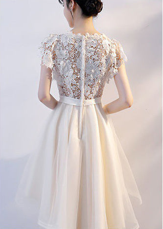 Cozy Evening Women Waist Stitching Mesh Mid Length Irregular Front Bow Tutu Bridesmaid Cocktail Lace Dress