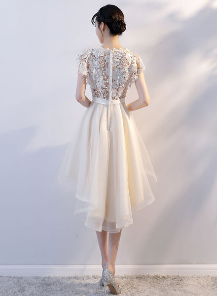 Cozy Evening Women Waist Stitching Mesh Mid Length Irregular Front Bow Tutu Bridesmaid Cocktail Lace Dress