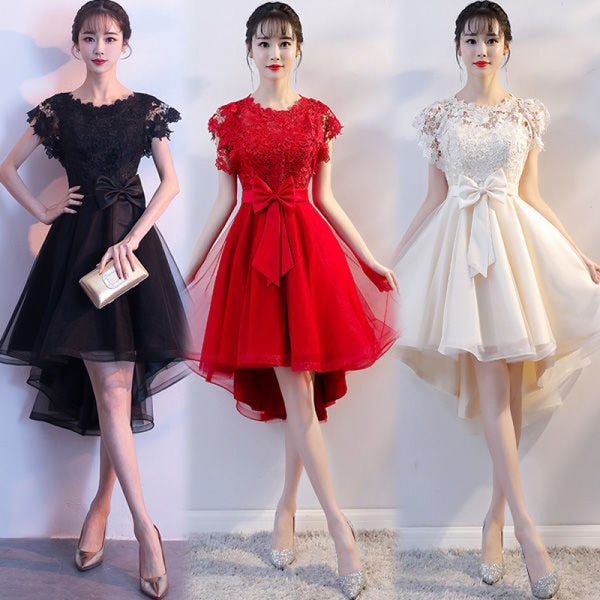 Cozy Evening Women Waist Stitching Mesh Mid Length Irregular Front Bow Tutu Bridesmaid Cocktail Lace Dress