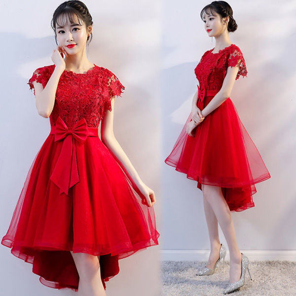 Cozy Evening Women Waist Stitching Mesh Mid Length Irregular Front Bow Tutu Bridesmaid Cocktail Lace Dress