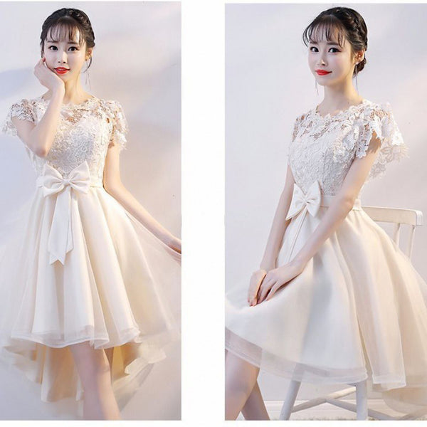 Cozy Evening Women Waist Stitching Mesh Mid Length Irregular Front Bow Tutu Bridesmaid Cocktail Lace Dress