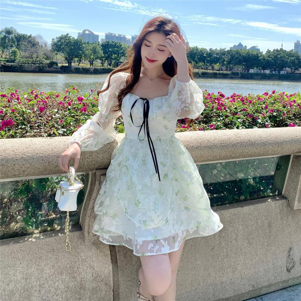 Organza Women Fairy Green Floral Square Collar Puff Sleeves High Waist Long sleeve A Line Skirt Dress