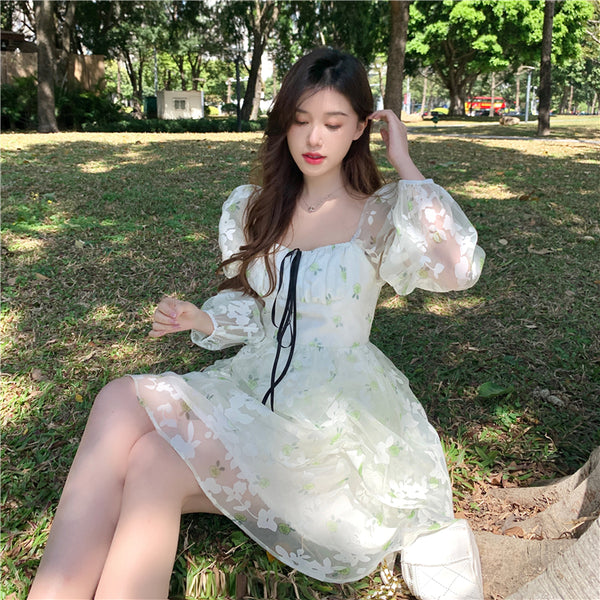 Organza Women Fairy Green Floral Square Collar Puff Sleeves High Waist Long sleeve A Line Skirt Dress