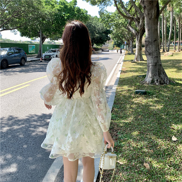Organza Women Fairy Green Floral Square Collar Puff Sleeves High Waist Long sleeve A Line Skirt Dress