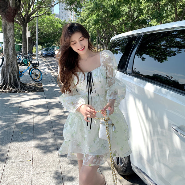 Organza Women Fairy Green Floral Square Collar Puff Sleeves High Waist Long sleeve A Line Skirt Dress