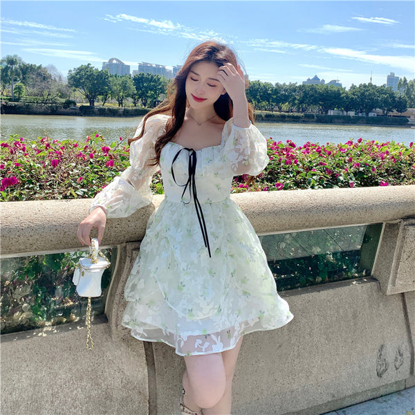 Organza Women Fairy Green Floral Square Collar Puff Sleeves High Waist Long sleeve A Line Skirt Dress