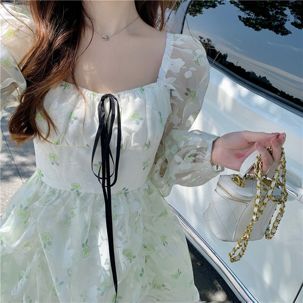Organza Women Fairy Green Floral Square Collar Puff Sleeves High Waist Long sleeve A Line Skirt Dress