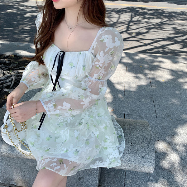 Organza Women Fairy Green Floral Square Collar Puff Sleeves High Waist Long sleeve A Line Skirt Dress