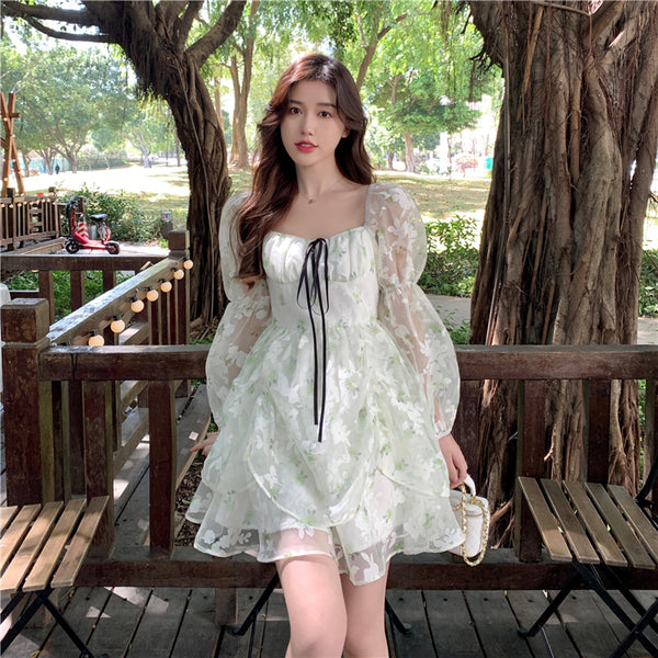 Organza Women Fairy Green Floral Square Collar Puff Sleeves High Waist Long sleeve A Line Skirt Dress