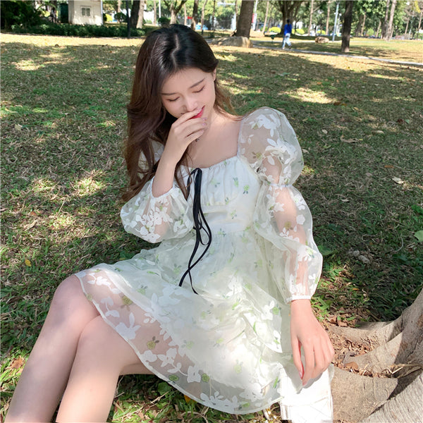 Organza Women Fairy Green Floral Square Collar Puff Sleeves High Waist Long sleeve A Line Skirt Dress