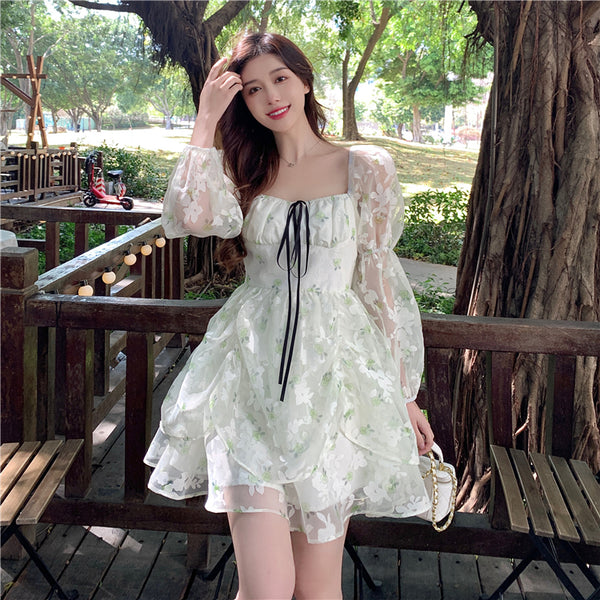 Organza Women Fairy Green Floral Square Collar Puff Sleeves High Waist Long sleeve A Line Skirt Dress