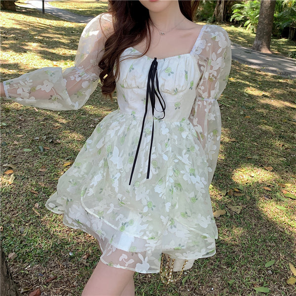 Organza Women Fairy Green Floral Square Collar Puff Sleeves High Waist Long sleeve A Line Skirt Dress