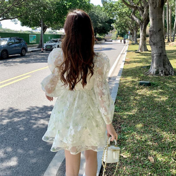 Organza Women Fairy Green Floral Square Collar Puff Sleeves High Waist Long sleeve A Line Skirt Dress