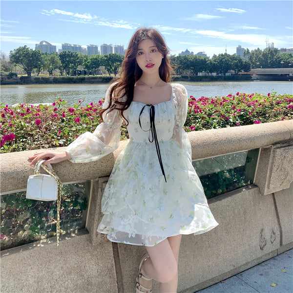 Organza Women Fairy Green Floral Square Collar Puff Sleeves High Waist Long sleeve A Line Skirt Dress