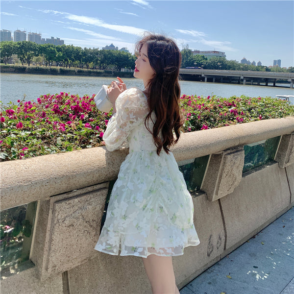 Organza Women Fairy Green Floral Square Collar Puff Sleeves High Waist Long sleeve A Line Skirt Dress