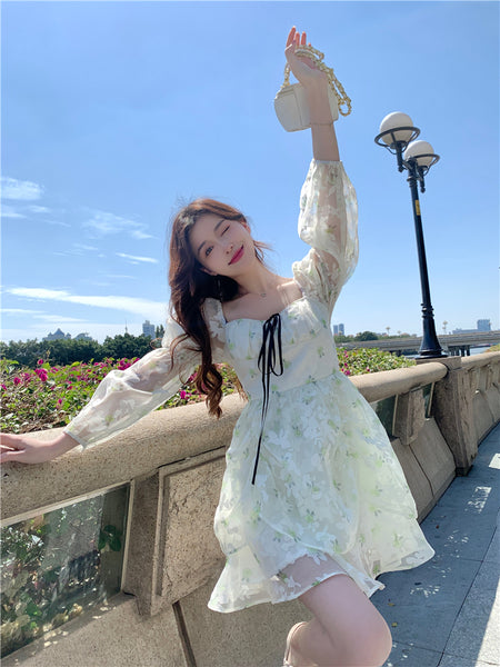 Organza Women Fairy Green Floral Square Collar Puff Sleeves High Waist Long sleeve A Line Skirt Dress