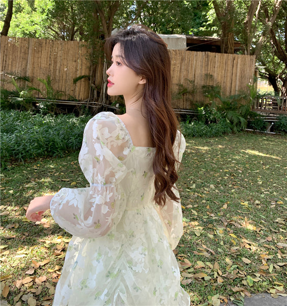 Organza Women Fairy Green Floral Square Collar Puff Sleeves High Waist Long sleeve A Line Skirt Dress