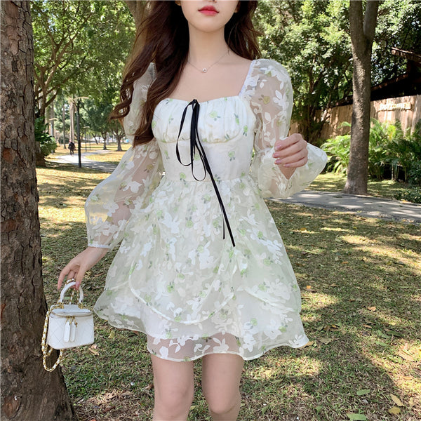 Organza Women Fairy Green Floral Square Collar Puff Sleeves High Waist Long sleeve A Line Skirt Dress