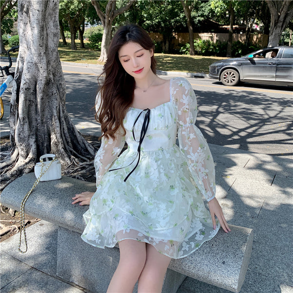 Organza Women Fairy Green Floral Square Collar Puff Sleeves High Waist Long sleeve A Line Skirt Dress