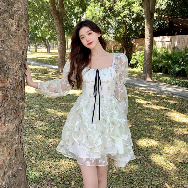 Organza Women Fairy Green Floral Square Collar Puff Sleeves High Waist Long sleeve A Line Skirt Dress
