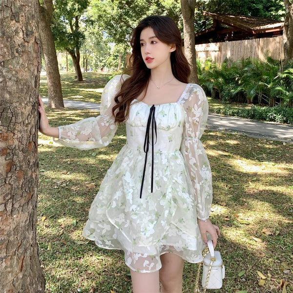 Organza Women Fairy Green Floral Square Collar Puff Sleeves High Waist Long sleeve A Line Skirt Dress