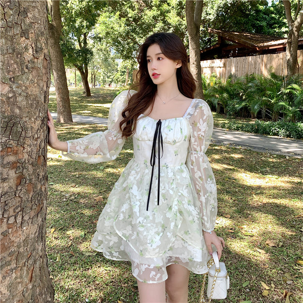 Organza Women Fairy Green Floral Square Collar Puff Sleeves High Waist Long sleeve A Line Skirt Dress