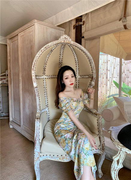 Summer Temperament Women Retro Strapless Yellow Floral Mid Length Puff Sleeves High Waist Holiday Long Dress