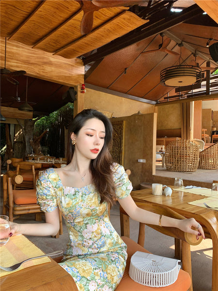 Summer Temperament Women Retro Strapless Yellow Floral Mid Length Puff Sleeves High Waist Holiday Long Dress