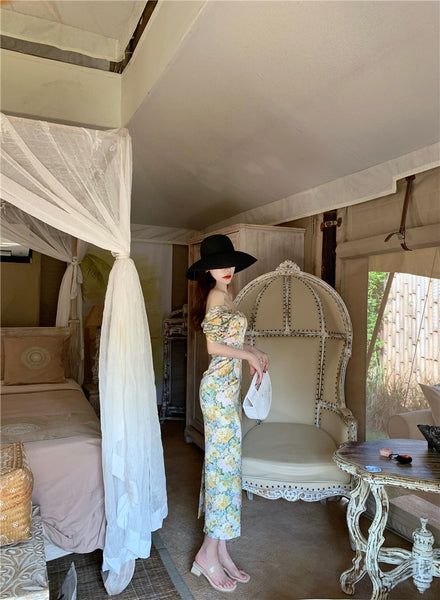 Summer Temperament Women Retro Strapless Yellow Floral Mid Length Puff Sleeves High Waist Holiday Long Dress