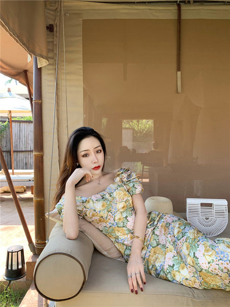 Summer Temperament Women Retro Strapless Yellow Floral Mid Length Puff Sleeves High Waist Holiday Long Dress