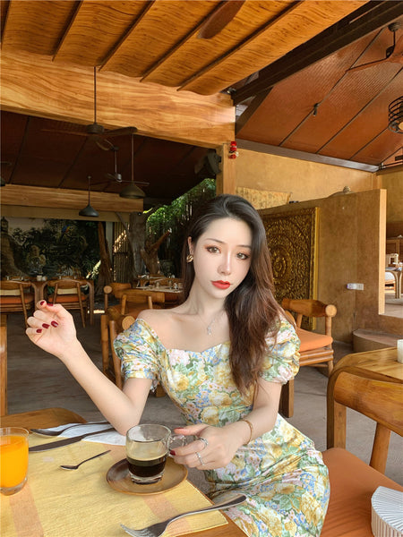 Summer Temperament Women Retro Strapless Yellow Floral Mid Length Puff Sleeves High Waist Holiday Long Dress
