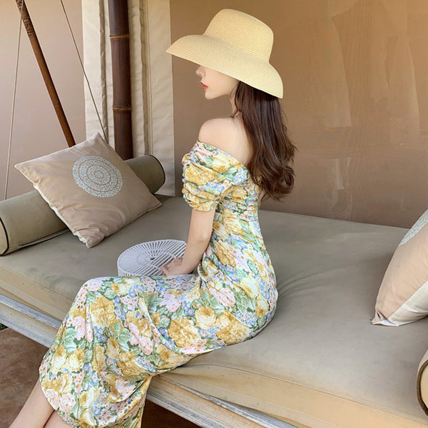 Summer Temperament Women Retro Strapless Yellow Floral Mid Length Puff Sleeves High Waist Holiday Long Dress