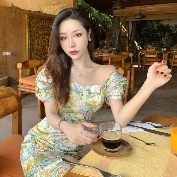 Summer Temperament Women Retro Strapless Yellow Floral Mid Length Puff Sleeves High Waist Holiday Long Dress