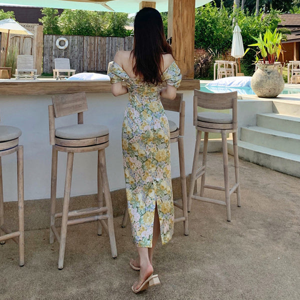 Summer Temperament Women Retro Strapless Yellow Floral Mid Length Puff Sleeves High Waist Holiday Long Dress