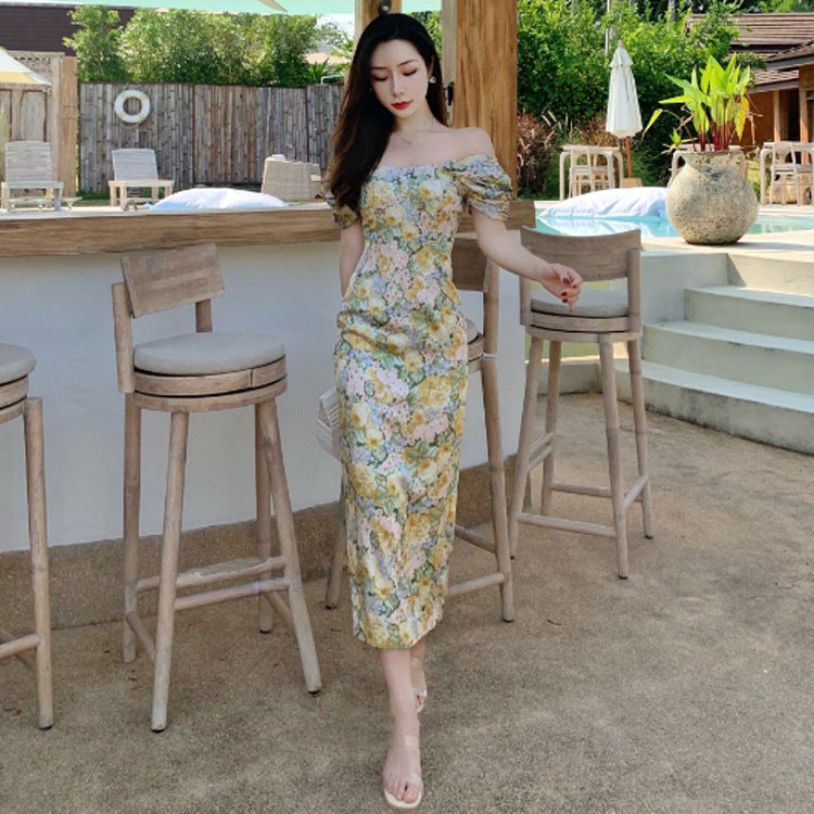 Summer Temperament Women Retro Strapless Yellow Floral Mid Length Puff Sleeves High Waist Holiday Long Dress