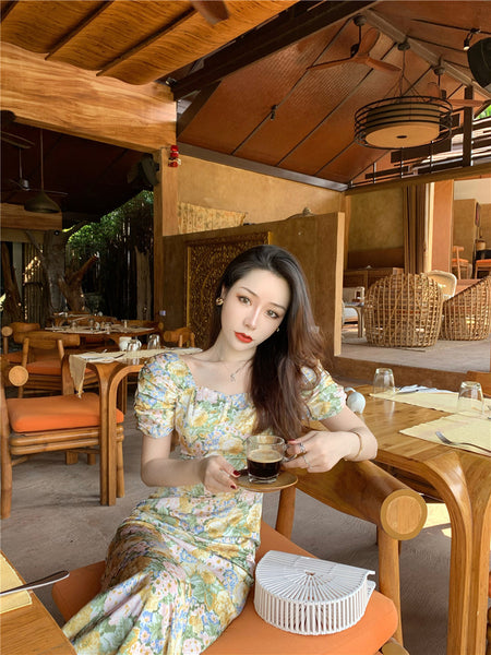 Summer Temperament Women Retro Strapless Yellow Floral Mid Length Puff Sleeves High Waist Holiday Long Dress