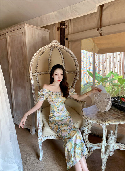 Summer Temperament Women Retro Strapless Yellow Floral Mid Length Puff Sleeves High Waist Holiday Long Dress