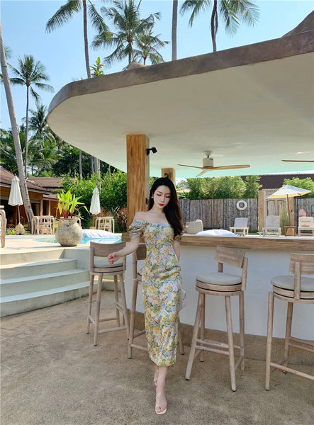 Summer Temperament Women Retro Strapless Yellow Floral Mid Length Puff Sleeves High Waist Holiday Long Dress