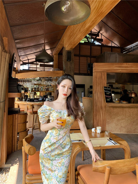 Summer Temperament Women Retro Strapless Yellow Floral Mid Length Puff Sleeves High Waist Holiday Long Dress