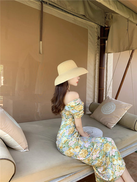 Summer Temperament Women Retro Strapless Yellow Floral Mid Length Puff Sleeves High Waist Holiday Long Dress